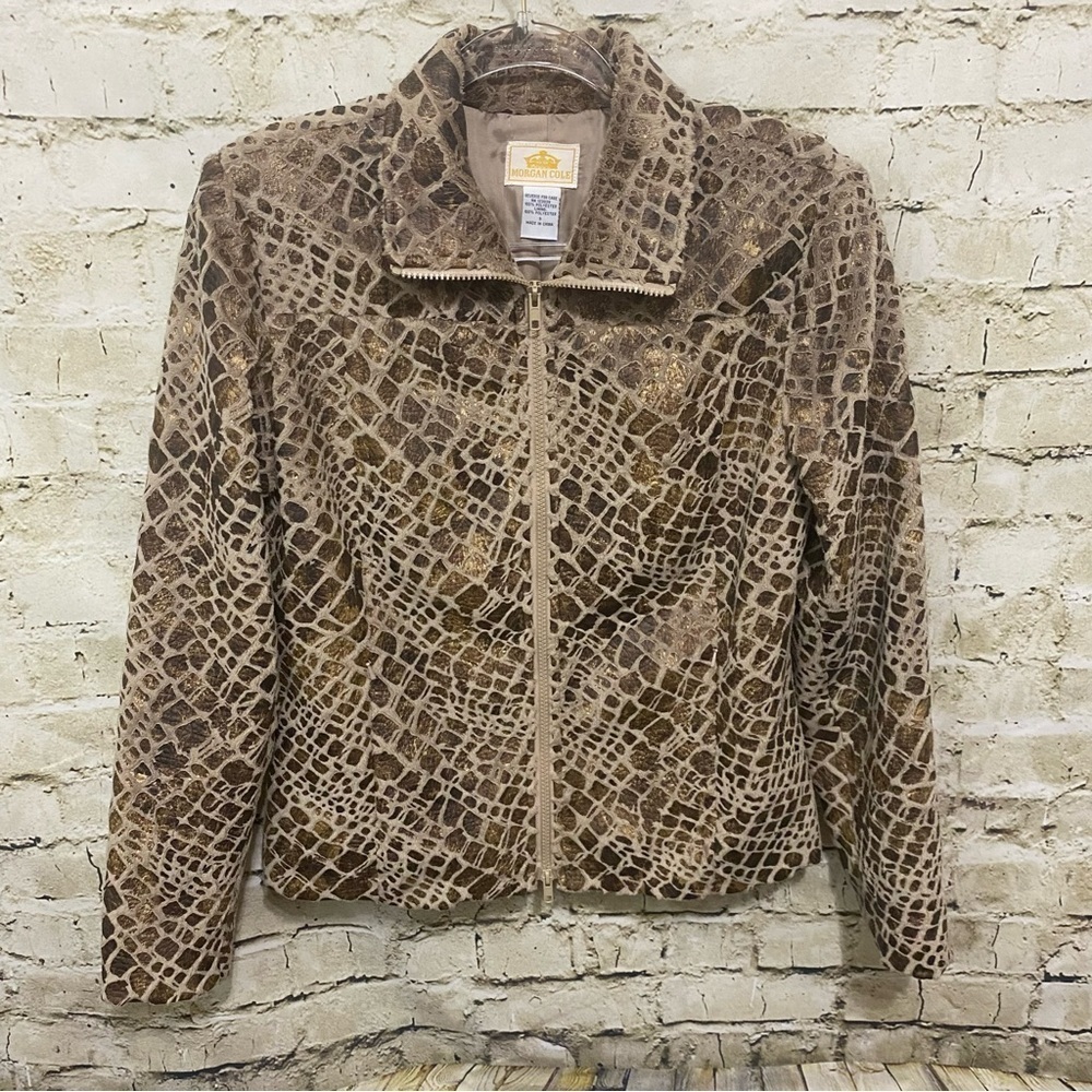 Morgan Cole Brown Beige Faux Leather Fleece Animal Print Jacket